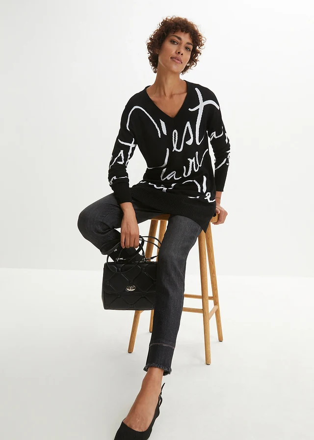 Pull avec inscription, Couleur: noir-blanc imprimé
