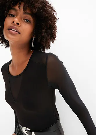 Triko s dlouhým rukávem a síťovinou • černá • bonprix obchod