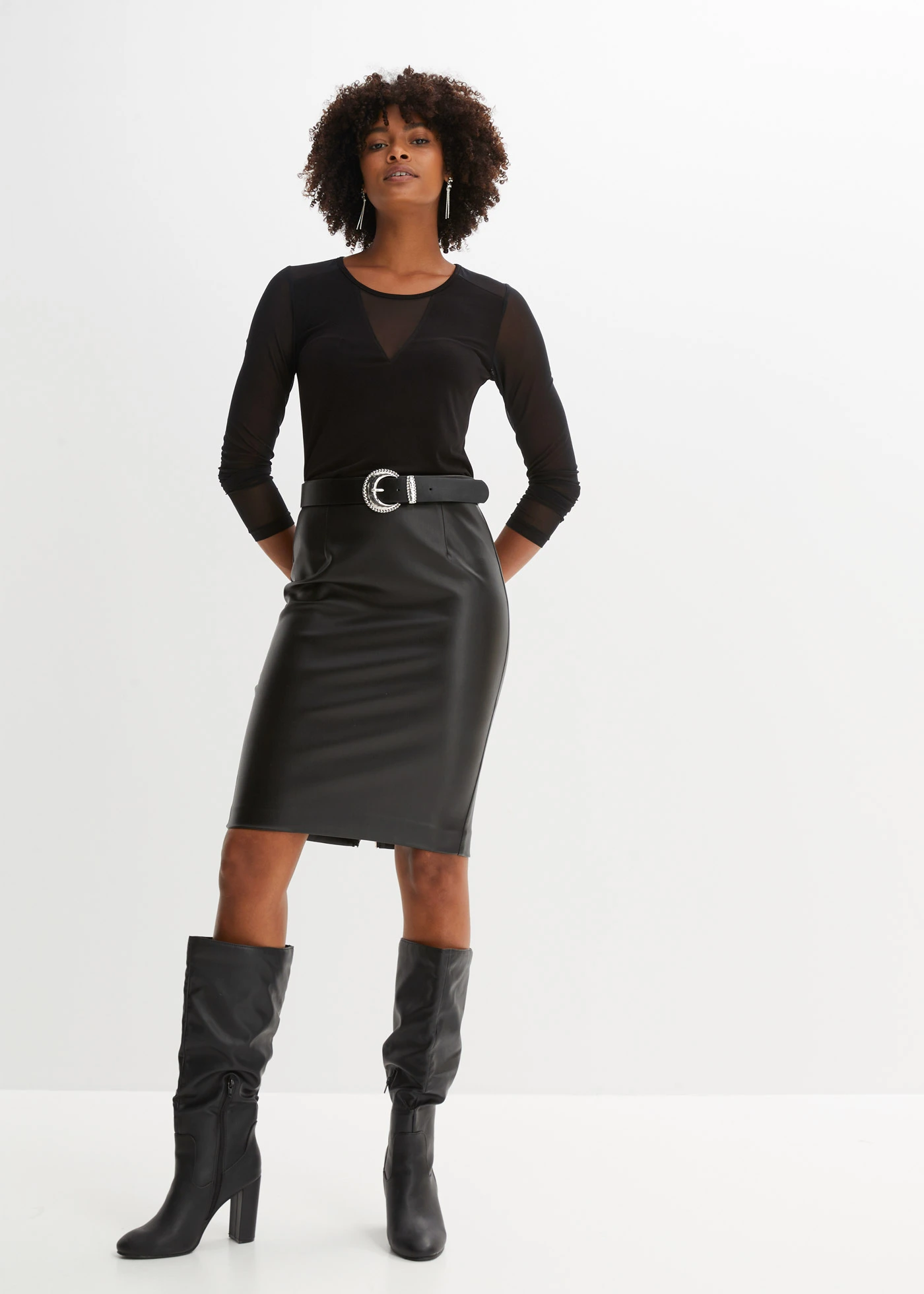 Triko s dlouhým rukávem a síťovinou • černá • bonprix obchod