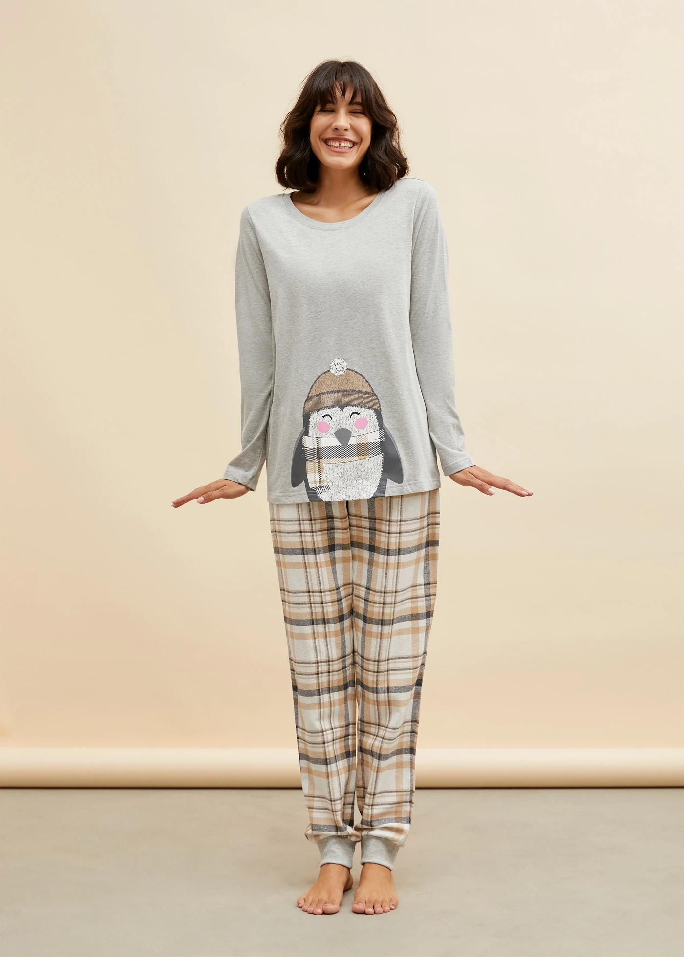 Pyjama met flanellen broek • lichtgrijs gemêleerd-wolwit geruit • bonprix online shop