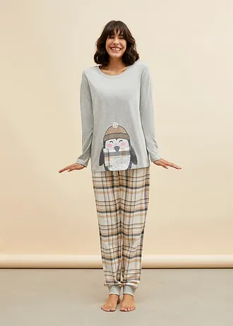 Pyjama met flanellen broek • lichtgrijs gemêleerd-wolwit geruit • bonprix online shop