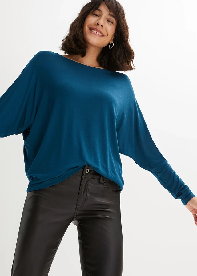 T-shirt manches longues en viscose douce et extensible, Couleur: pétrole