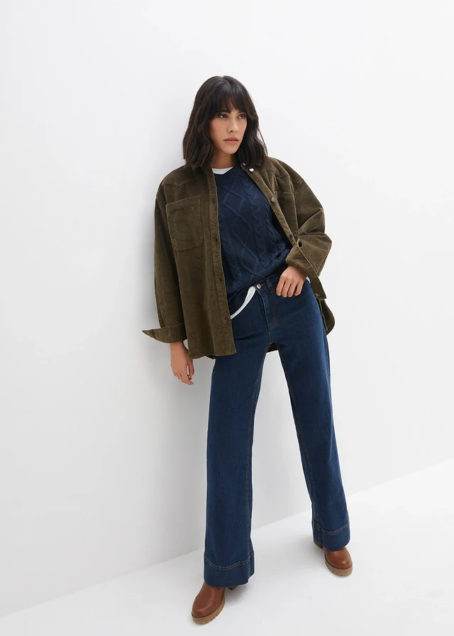 Wide leg comfort stretch jeans, mid waist, Kleur: nachtblauw denim