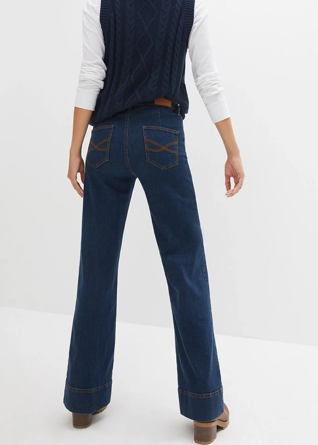 Wide leg comfort stretch jeans, mid waist, Kleur: nachtblauw denim