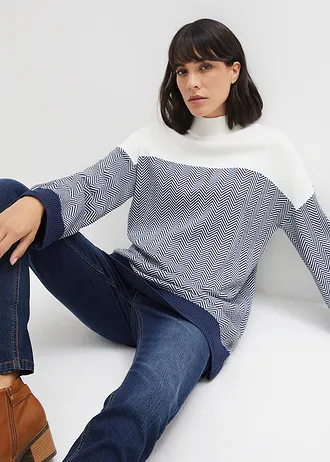 Lezser, hosszú kötött pulóver • gyapjúfehér/sötétkék • bonprix áruház