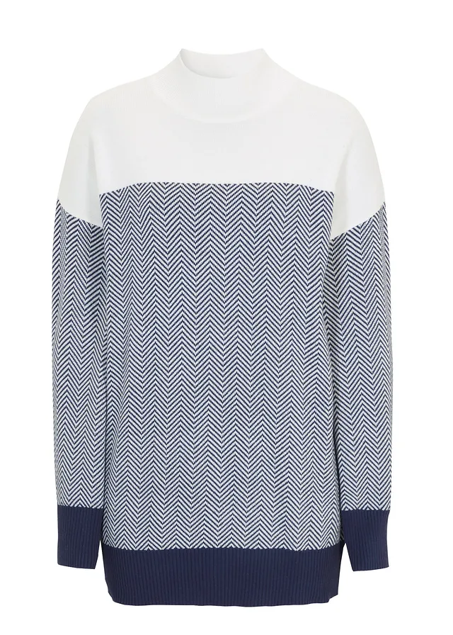 Pull long décontracté • écru-bleu foncé graphique • Boutique bonprix