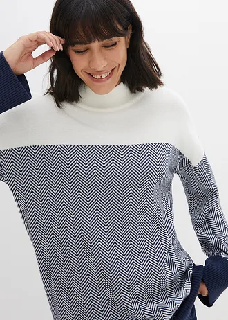 Pull long décontracté • écru-bleu foncé graphique • Boutique bonprix