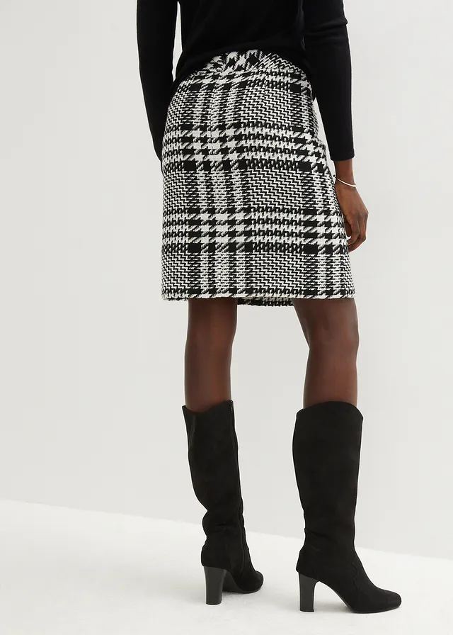 Jupe en maille bouclette, Couleur: noir/blanc cassé carreaux