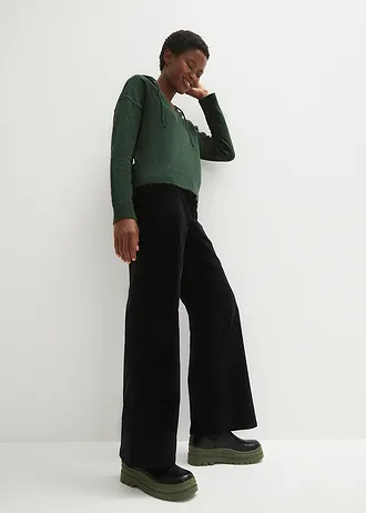 Pletený svetr s výstřihem do V a kapucí • tmavě zelená • bonprix obchod