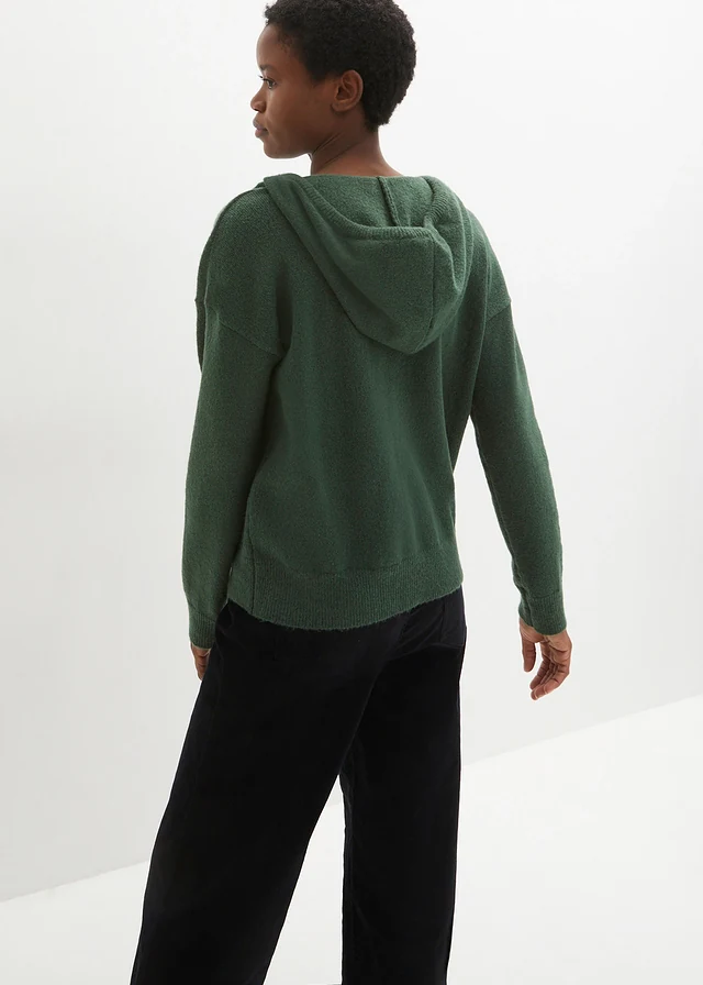 Pull en maille à col V et capuche, Couleur: vert foncé