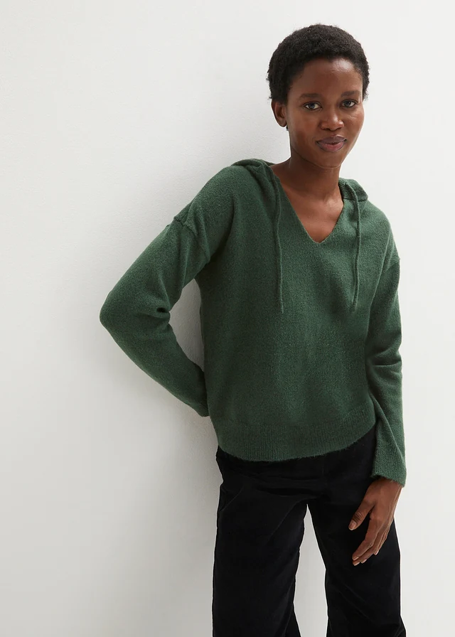 Pull en maille à col V et capuche • vert foncé • product-page.page-title-suffix