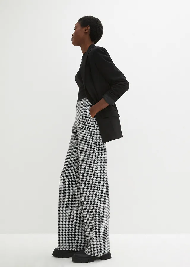 Pantalon large et extensible à motif pied-de-poule, Couleur: noir/blanc carreaux