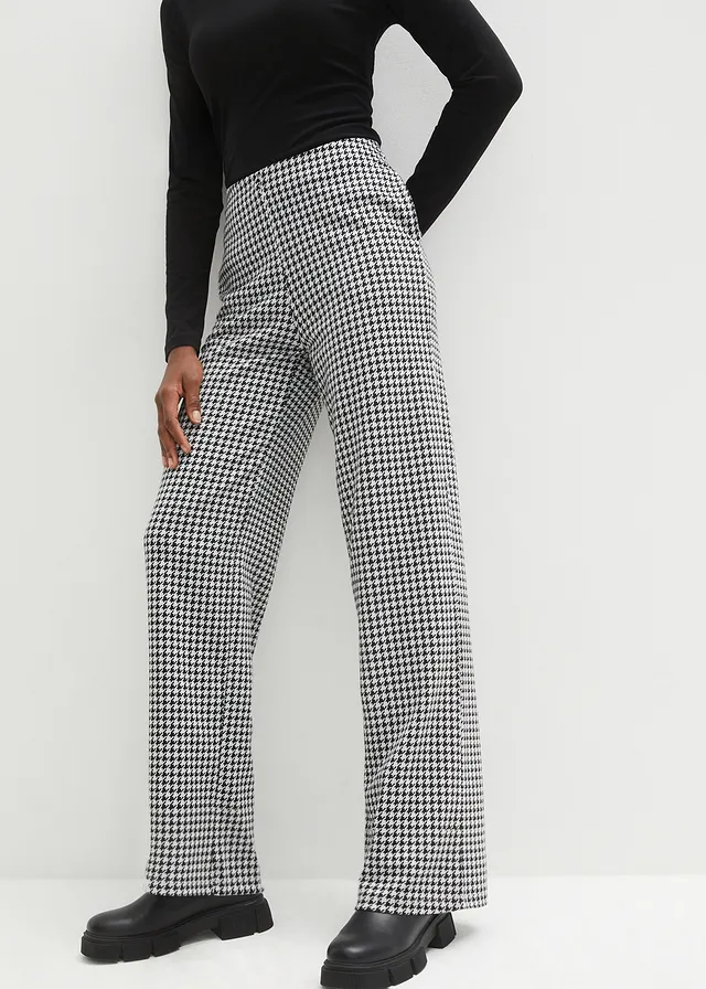 Pantalon large et extensible à motif pied-de-poule, Couleur: noir/blanc carreaux