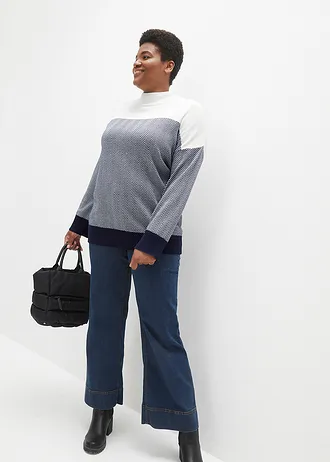 Ležérní dlouhý pletený svetr, barva: přírodní bílá-tmavě modrá