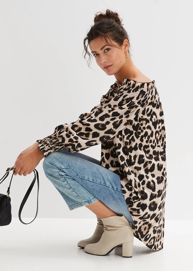 High-low blouse, Kleur: krijtbeige-bruin luipaardprint