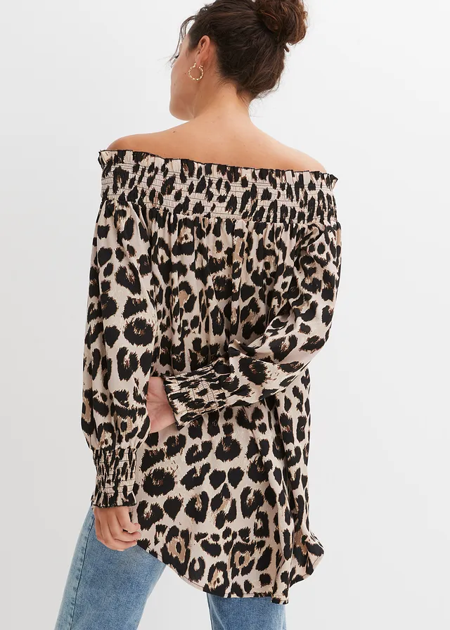 High-low blouse, Kleur: krijtbeige-bruin luipaardprint
