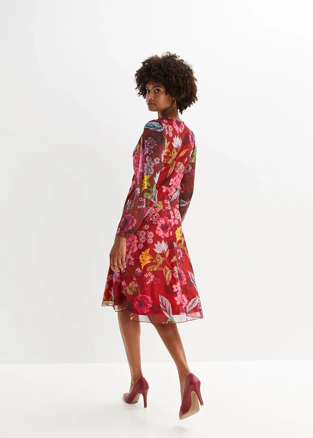 Robe midi en mesh, Couleur: bordeaux/fuchsia floral