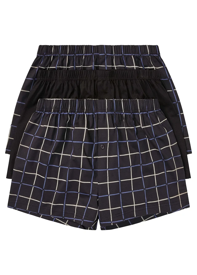 Lot de 3 caleçons en jersey coton, Couleur: noir-bleu carreaux + noir