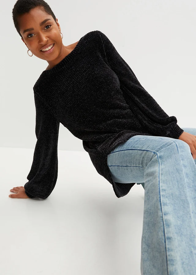Pull long en maille chenille • noir • product-page.page-title-suffix