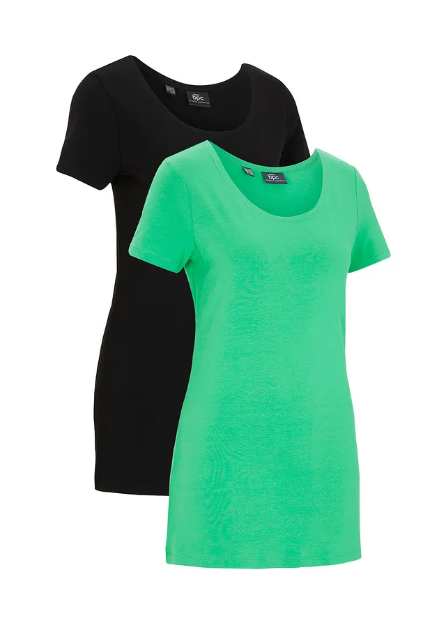 Lot de 2 T-shirts longs avec inscription, Couleur: vert gazon+noir
