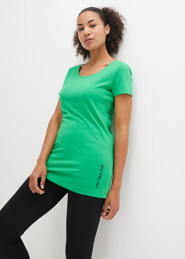Lot de 2 T-shirts longs avec inscription, Couleur: vert gazon+noir