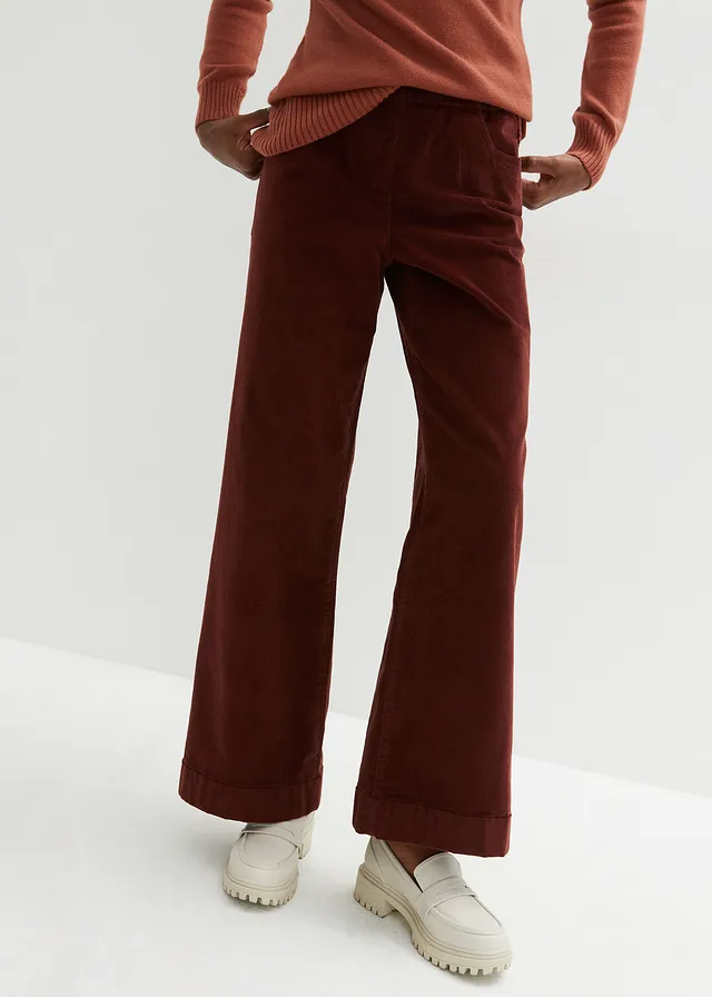 Pantalon large en velours côtelé, taille haute, Couleur: café
