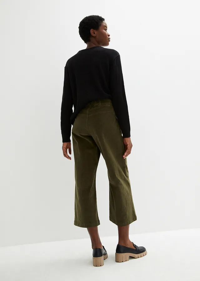 Wijde stretch corduroy culotte met high-waist comfortband, 7/8 lengte, Kleur: donkerolijfgroen
