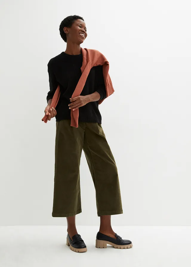 Wijde stretch corduroy culotte met high-waist comfortband, 7/8 lengte, Kleur: donkerolijfgroen