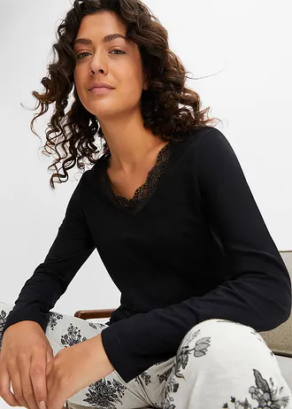 Pyjama met kant, steekzakken en biologisch katoen (2-dlg.), Kleur: zwart-ecru gemêleerd gebloemd