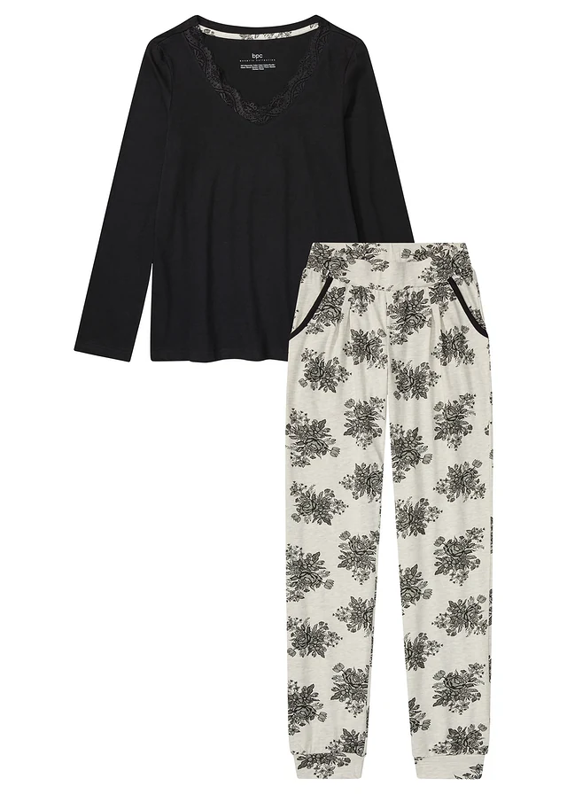 Pyjama à dentelle et poches latérales, Couleur: noir/naturel chiné floral