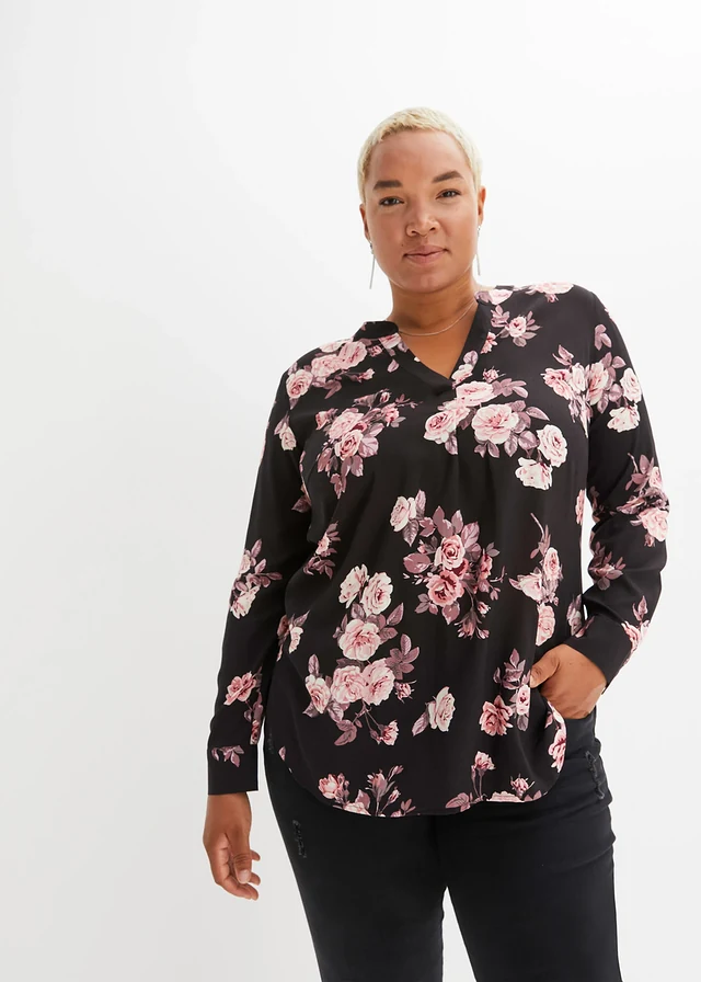 Tuniekblouse van soepele viscose, Kleur: zwart-lichtroze-lichtroze