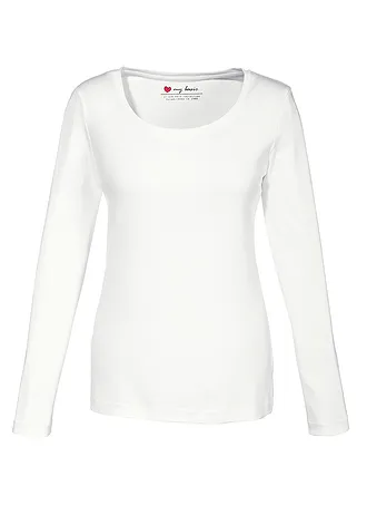 T-shirt manches longues en coton à col rond • ecru • Boutique bonprix