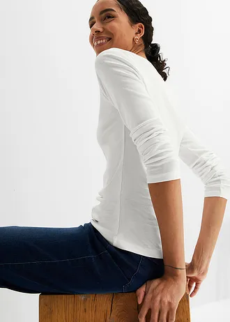 T-shirt manches longues en coton à col rond • ecru • Boutique bonprix