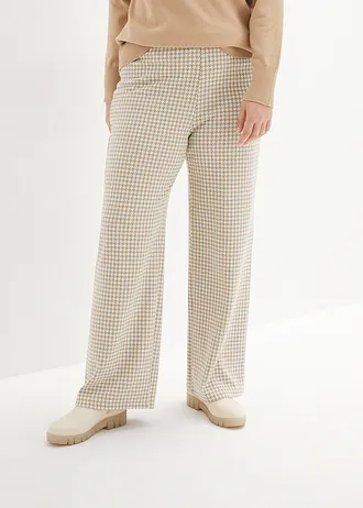 Stretch broek met pied-de-poule, wide leg, Kleur: latte macchiato-wit geruit