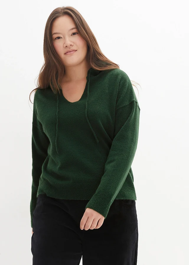 Pull en maille à col V et capuche, Couleur: vert foncé