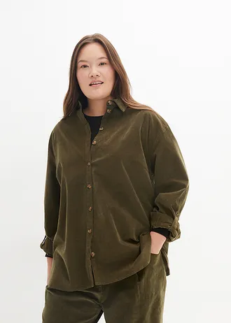 Corduroy blouse met zijsplitten, Kleur: donkerolijfgroen