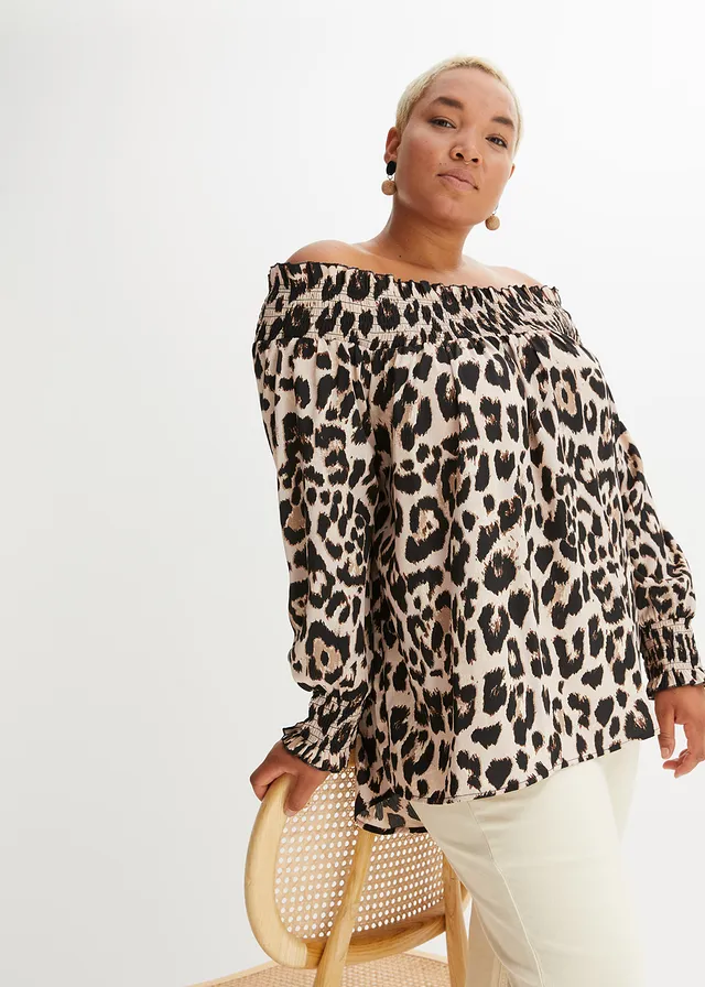 High-low blouse, Kleur: krijtbeige-bruin luipaardprint