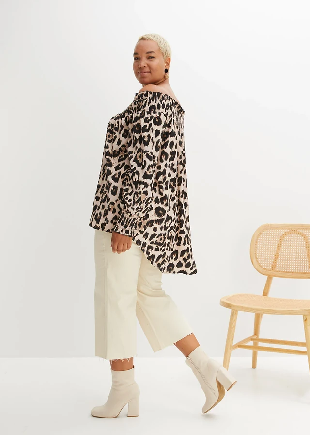 High-low blouse, Kleur: krijtbeige-bruin luipaardprint