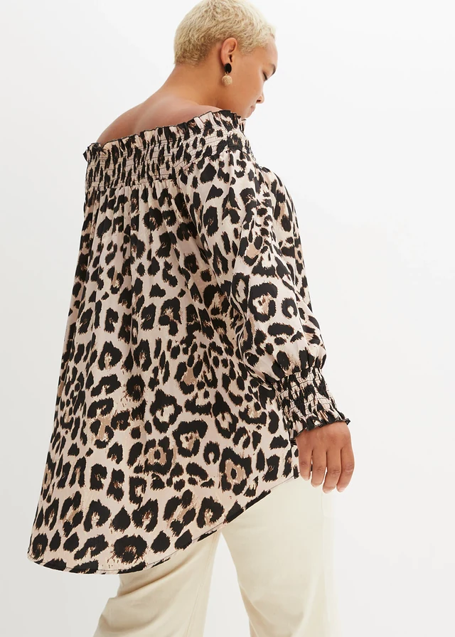 High-low blouse, Kleur: krijtbeige-bruin luipaardprint