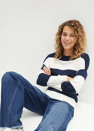Pull en fine maille à larges rayures, Couleur: bleu foncé-écru rayé