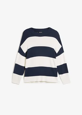 Pull en fine maille à larges rayures, Couleur: bleu foncé-écru rayé