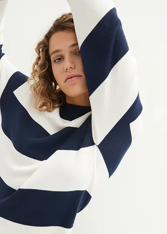 Svetr z jemné pleteniny se širokými pruhy • tmavě modrá /přírodní bílá s proužky • bonprix obchod