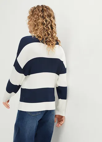 Pull en fine maille à larges rayures, Couleur: bleu foncé-écru rayé