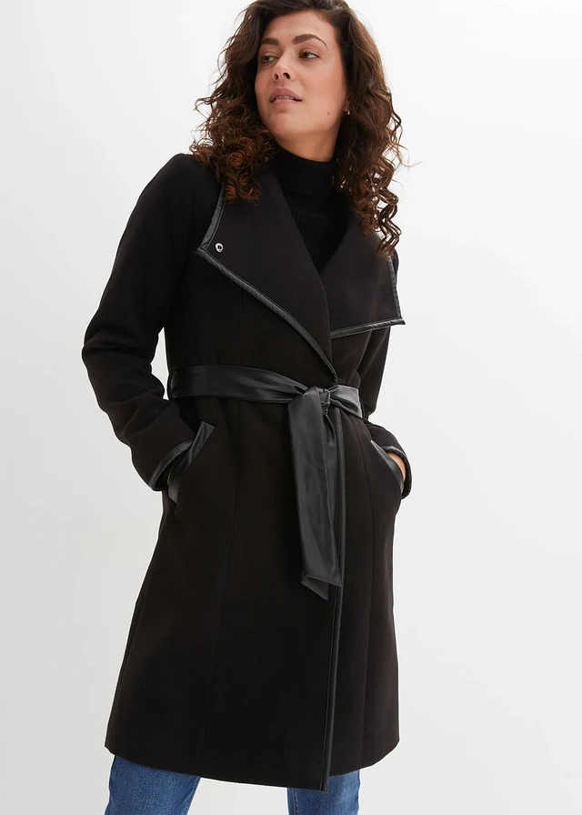 Lange jas in wollen look, Kleur: zwart