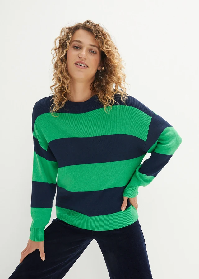 Fijngebreide trui met ronde hals en blokstrepen • grasgroen-donkerblauw gestreept • product-page.page-title-suffix