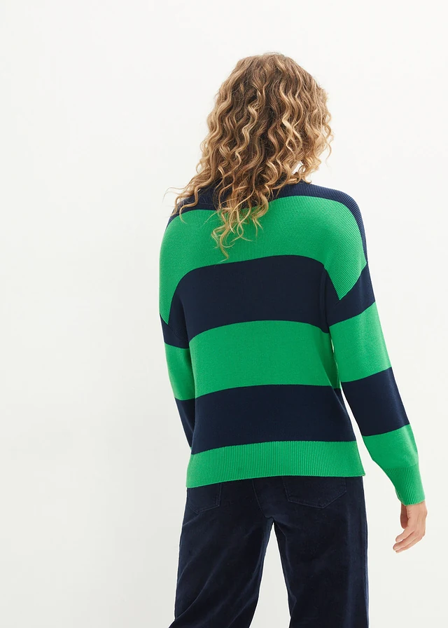 Fijngebreide trui met ronde hals en blokstrepen • grasgroen-donkerblauw gestreept • product-page.page-title-suffix