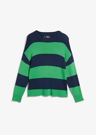 Pull en fine maille à larges rayures • vert gazon-bleu foncé rayé • Boutique bonprix