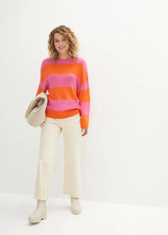 Pull en fine maille à larges rayures, Couleur: fuchsia/orange rayé