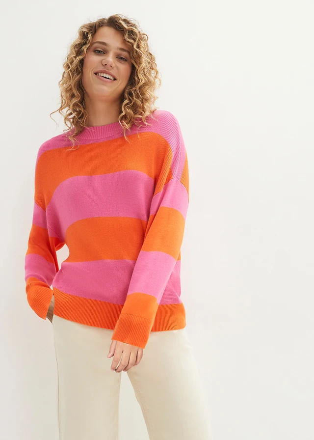Fijngebreide trui met ronde hals en blokstrepen, Kleur: pink-oranje gestreept
