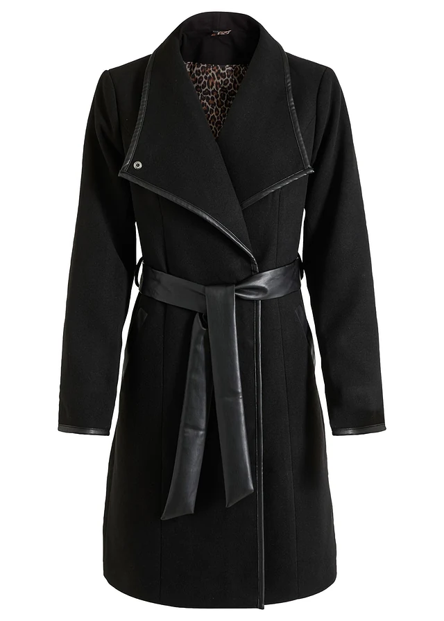 Lange jas in wollen look, Kleur: zwart